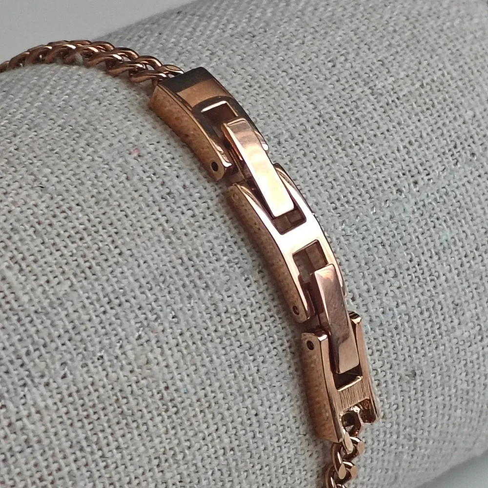 Rose Gold Tone Crystal Curb Chain Bracelet Inlaid Curved Bar Adjustable Clasp